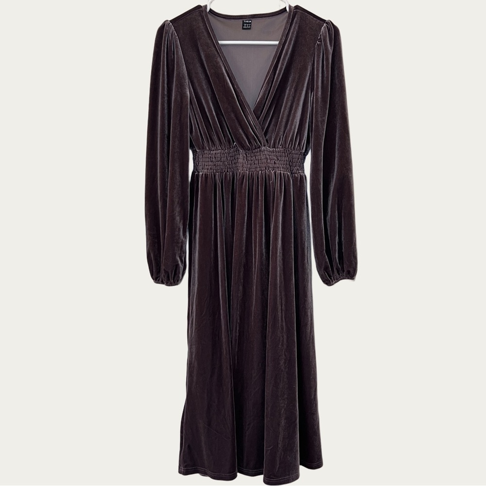 SHEIN‎ Deep Brown Velvet Long Sleeve Women’s XS Dress Empire Waist V Neck